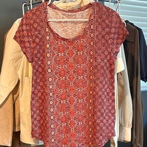 Lucky Brand Rust/orange/white/brown woodblock Patterned Short Sleeve Tee